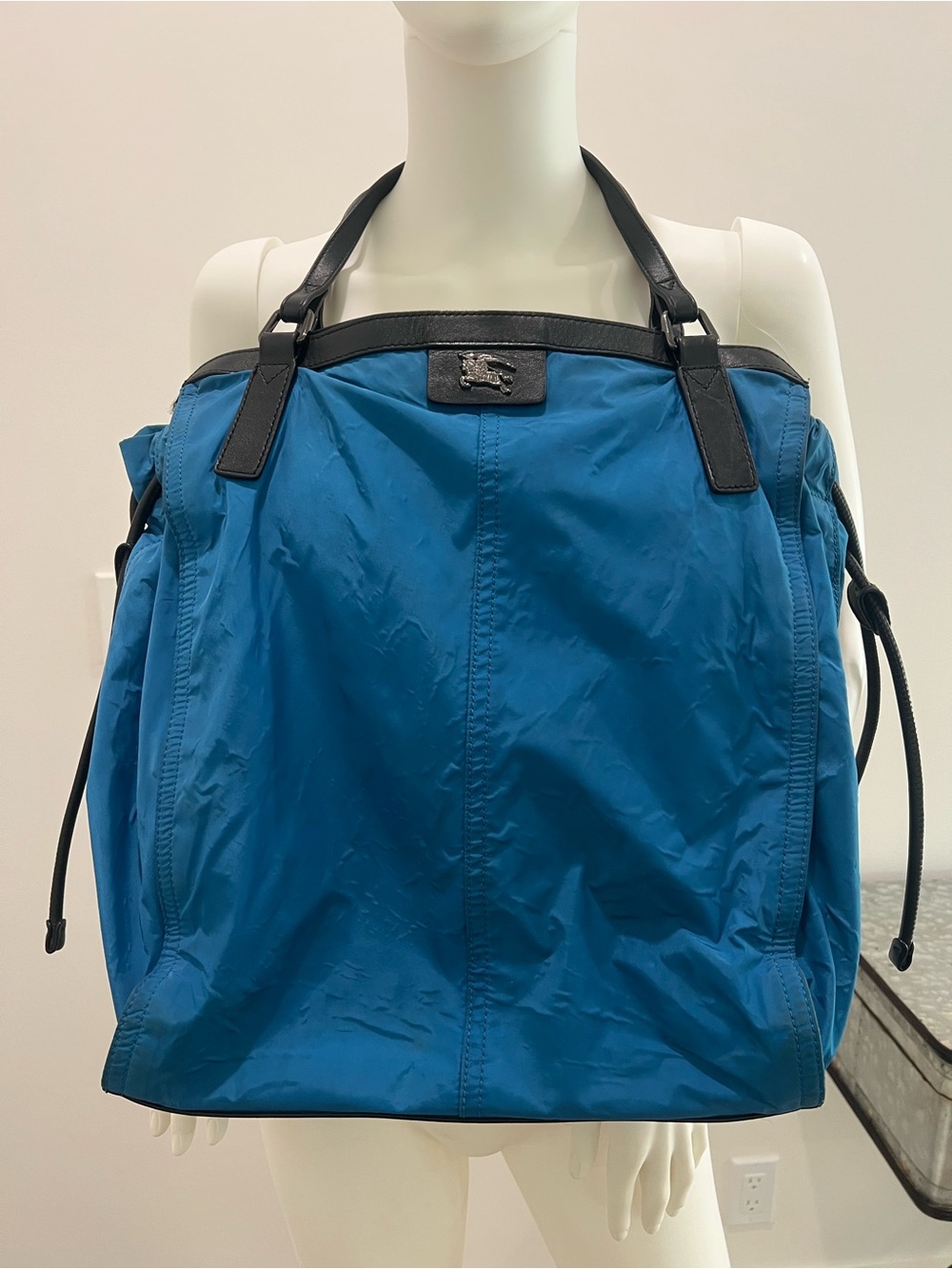 Burberry Blue Nylon Shoulder Bag with Black Leather Trim
